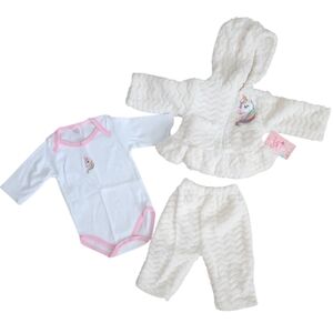 Coney Isle Three-Piece Plush Baby Unicorn Outfit Size 3/6 Months Cream Multi.